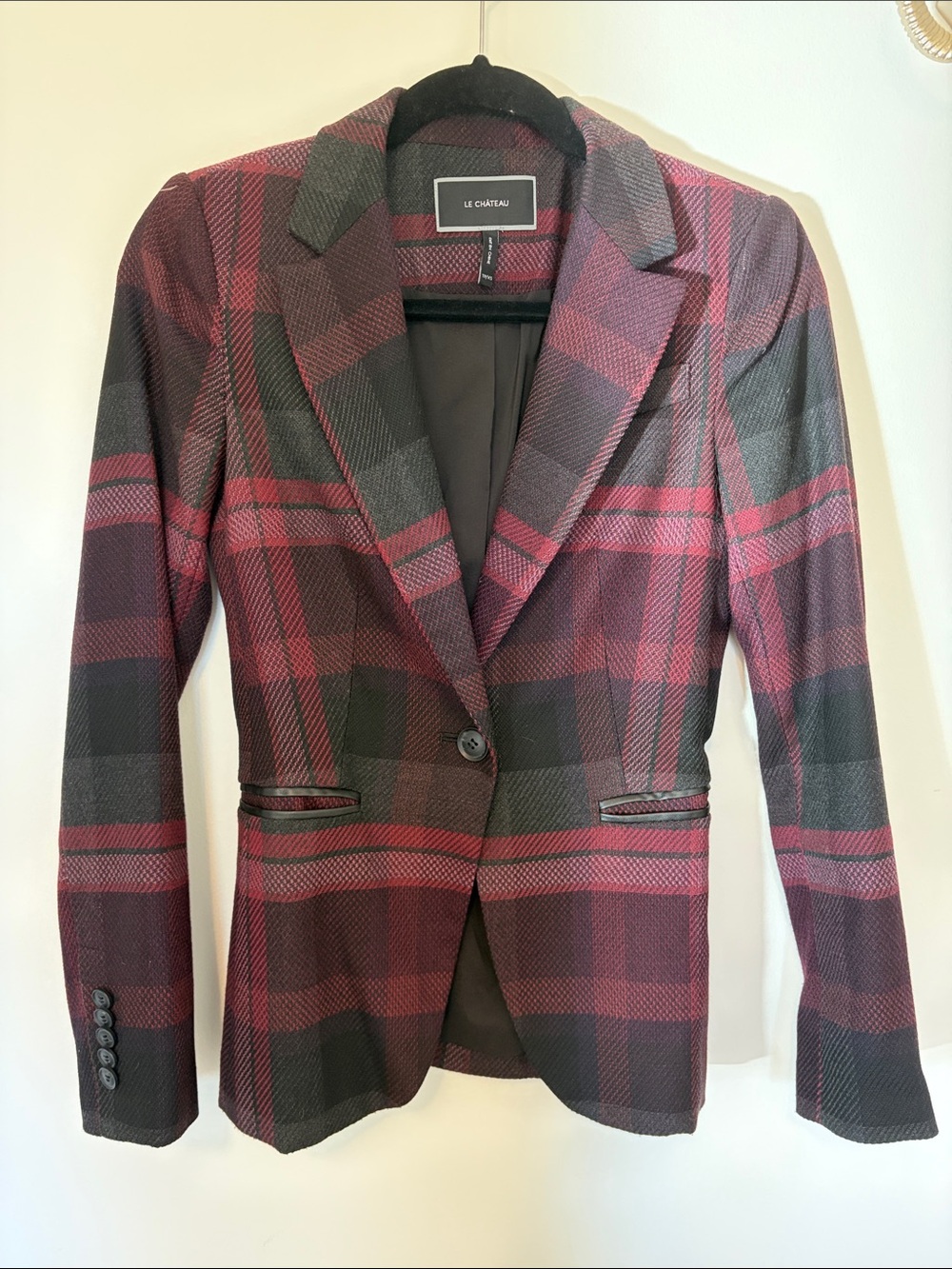 le chateau Burgundy and Black Plaid Tailored Blazer
